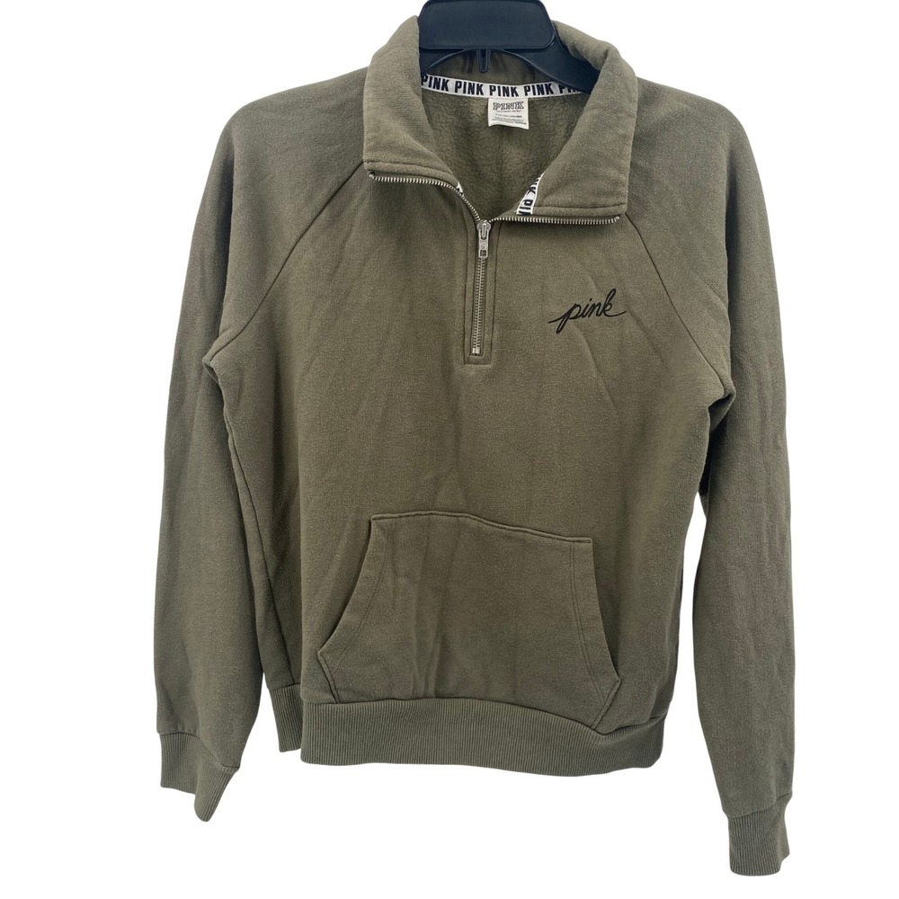 PINK Victoria's Secret Olive Green‎ Quarter Zip Pullover Sweatshirt Small